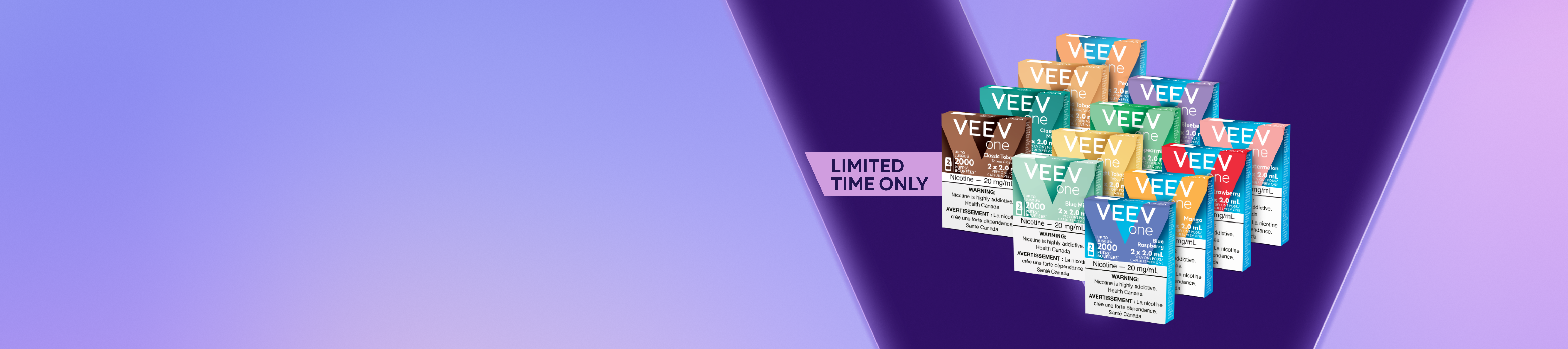 12 packs of VEEV ONE pods on a purple v background
